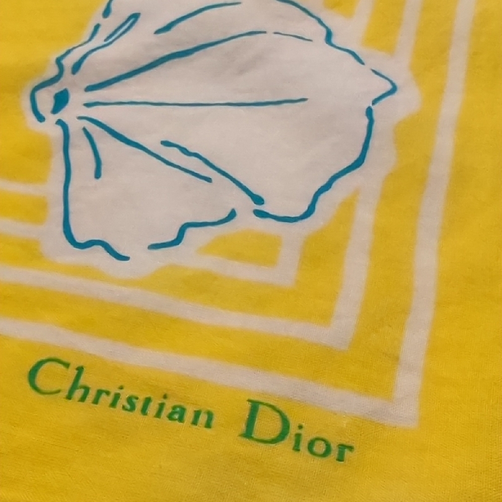 Vintage Christian Dior Marine Yellow, White And Aqua Blue Cotton Scarf 30"X30"